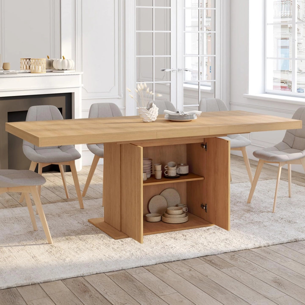 JULIETTE Tavolo da pranzo allungabile per 6-10 persone con doghe in legno e contenitore 160-200 cm