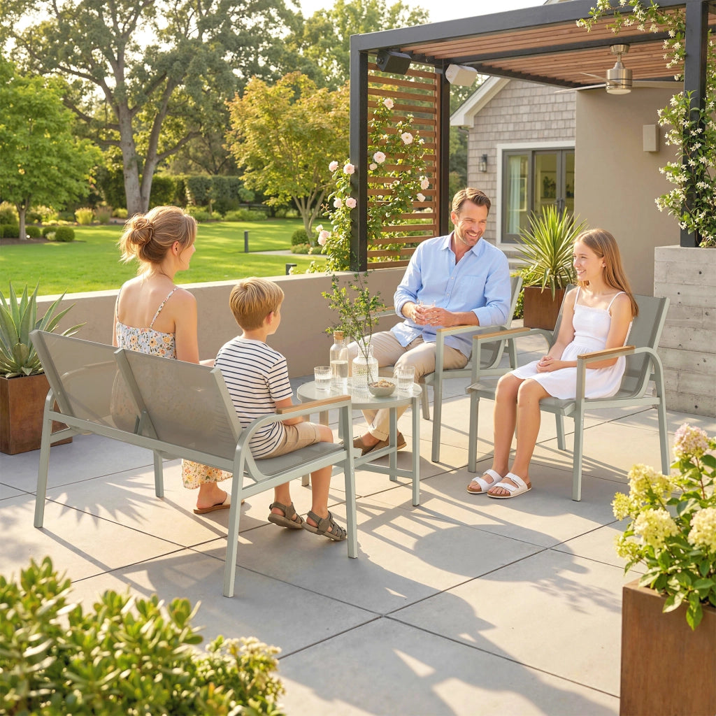 Set da giardino con divano e sedie ¨C zephmum ¨C verde, metallo, 4 pezzi