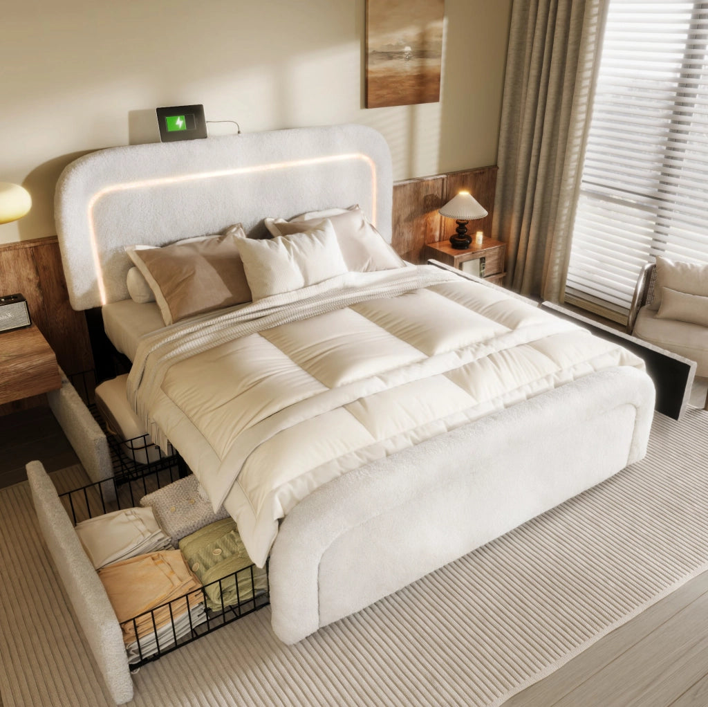 Letto matrimoniale 160x200 cm Sherpa bianco con 4 cassetti
