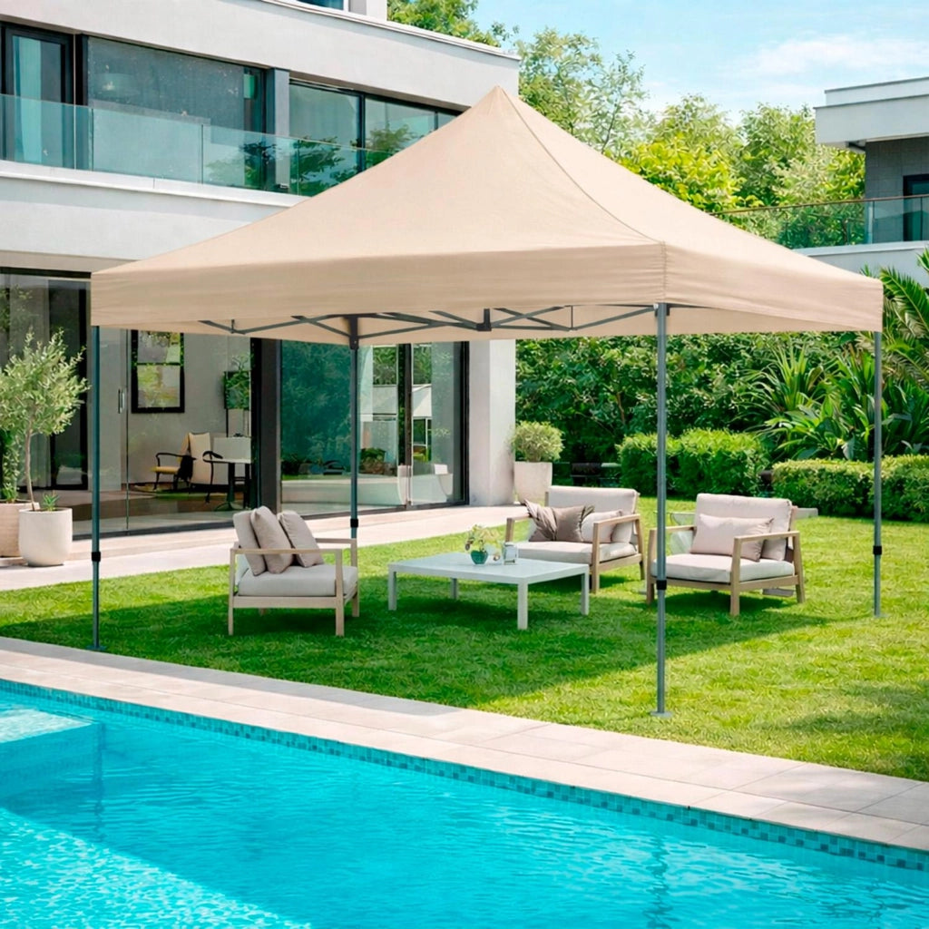 Gazebo Professionale Con Struttura A Fisarmonica Richiudibile Automatico In Acciaio E Telo Oxford 1200D PVC Impermeabile E Anti UV Dotato Di Sacche Zavorra E Borsa Trasporto Per Sagre Feste Eventi 3x3 M Beige