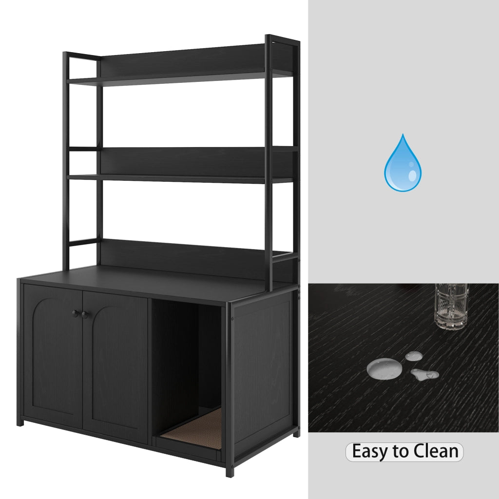 Mobile coperto per lettiera per gatti con 2 ante e ripiani, in metallo e legno, nero 96,2 × 55,2 × 16,2 cm