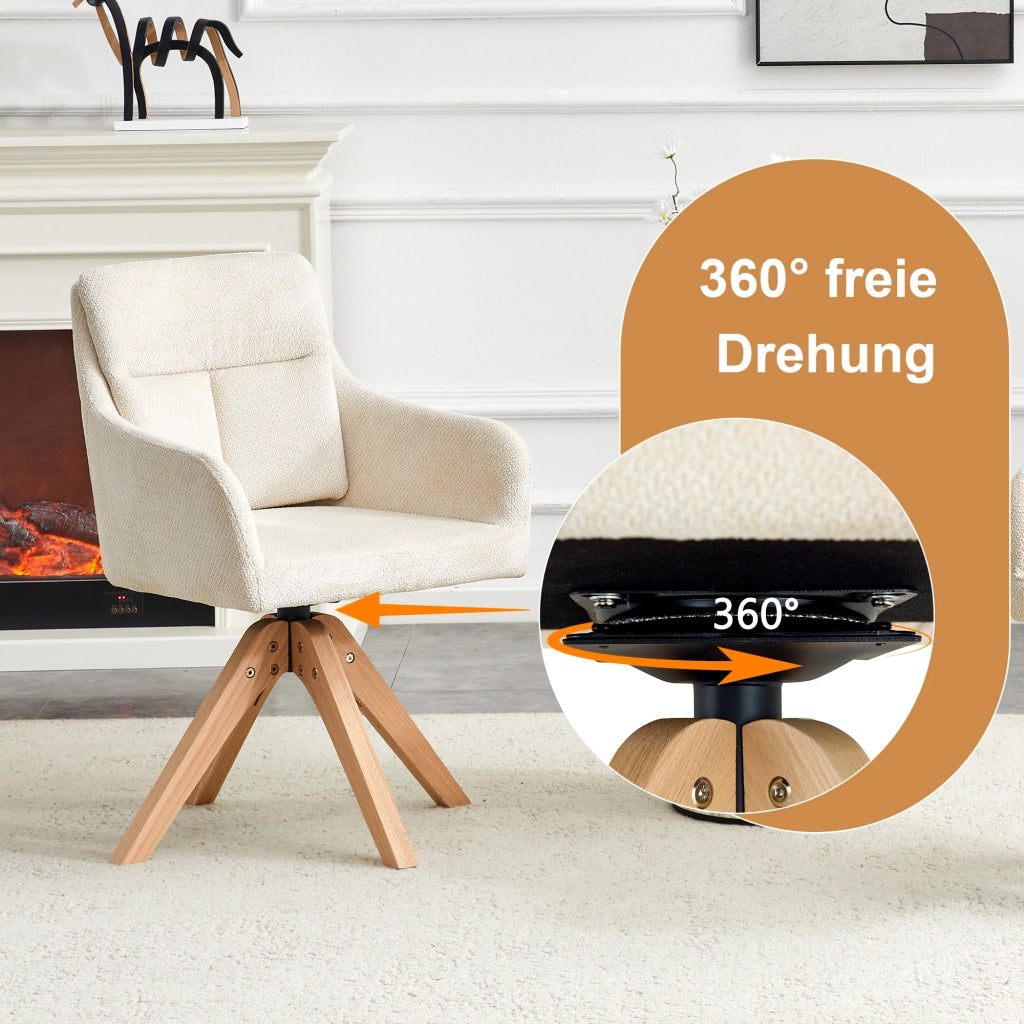 Sedia da Pranzo Set da 2 Girevole a 360° con Schienale Alto e Braccioli in Tessuto Bianco e Legno