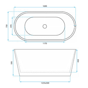 Vasca Da Bagno Freestanding In Acrilico Roma 170 Copritappo nero