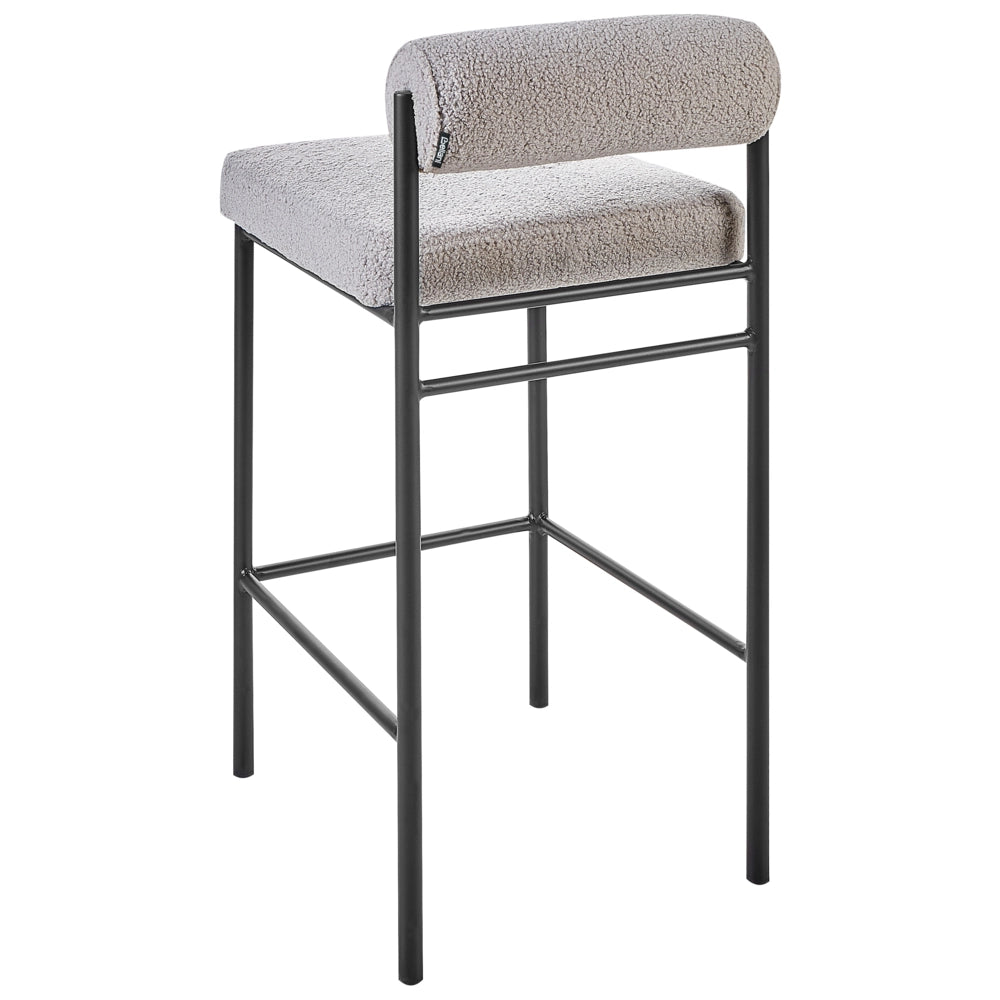 Set di 2 sedie da bar Rivestimento in poliestere grigio Boucle Gambe in metallo nero Sgabelli senza braccioli Schienale arrotolabile Sala da pranzo moderna Cucina