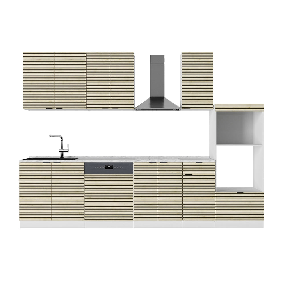 Cucina componibile Fame-Line Pannello in quercia/Bianco 300 cm con armadio alto, PL Marmo Vicco