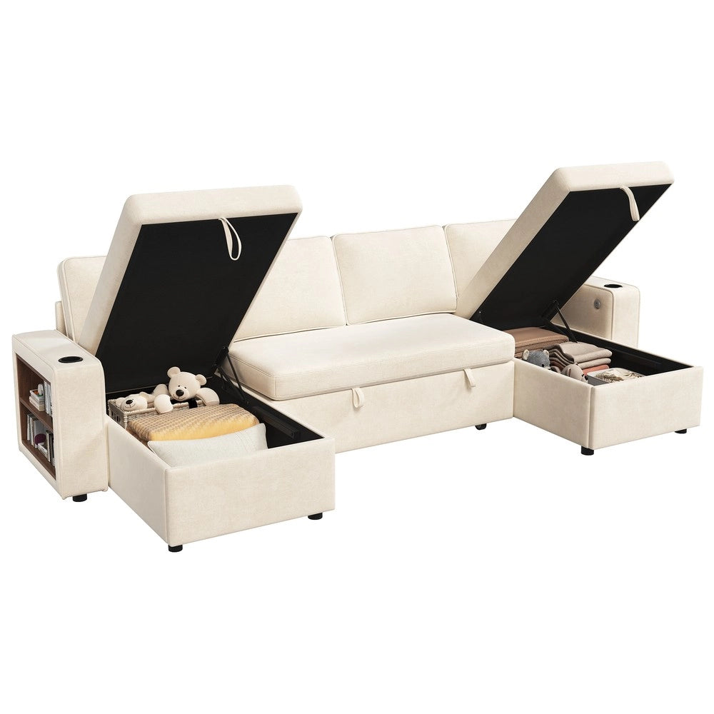 Divano Angolare U con Funzione Letto, Contenitore, Dormeuse e USB ¨C Xylo ¨C Beige