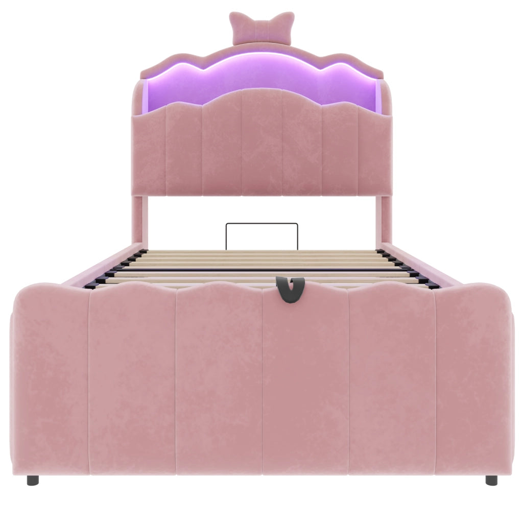 Letto per bambini 90 × 200 cm con contenitore idraulico, USB e Type-C, LED regolabile, sans materasso, en velluto rosa