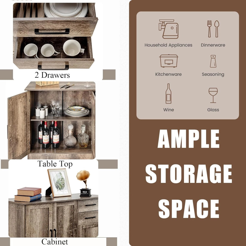 Armadietto Portaoggetti Multifunzione, Credenza da Cucina con 2 Armadi, Ante e 2 Cassetti, Mobile Portaoggetti con Dispositivo Antiribaltamento, Retrò, Grigio, 110 x 40 x 78 cm
