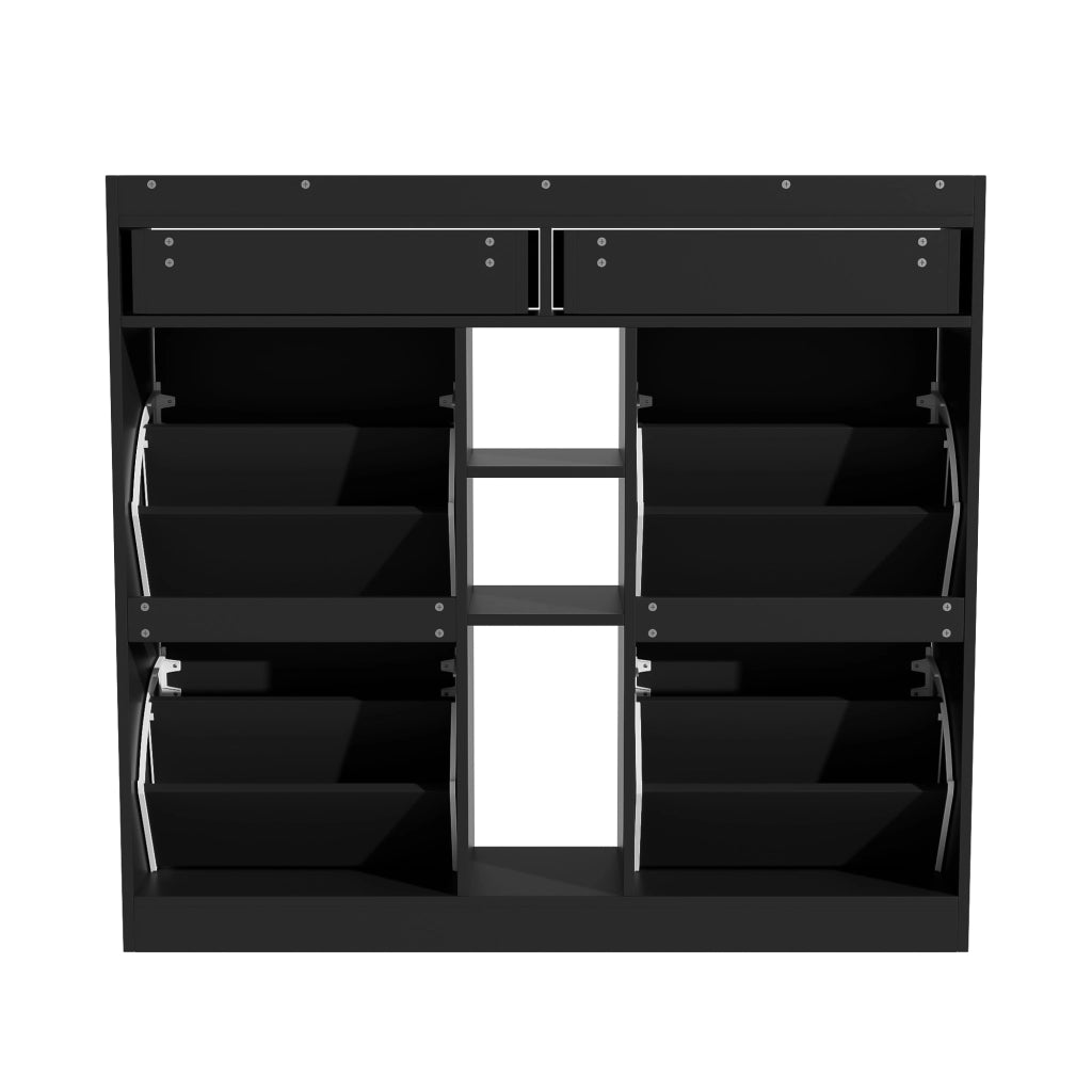 Scarpiera con 4 ante a ribalta, 2 cassetti e 3 vani aperti in pannello truciolare nero 110 × 26 × 100 cm