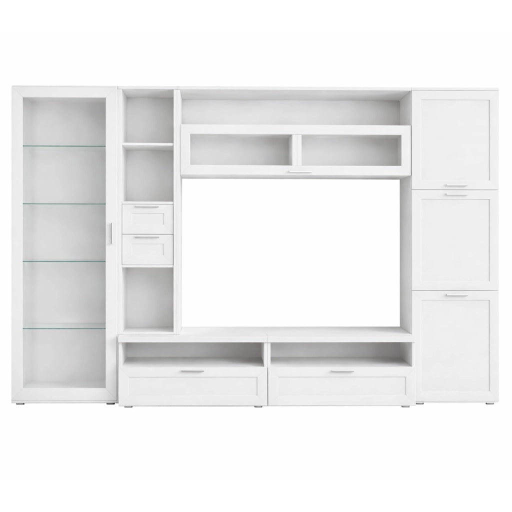 Parete Attrezzata Con Vetrina 6 Ante Battenti E 3 Ribalte Ampio Mobile Porta TV Con Ripiani Design Moderno Per Zona Living Elegante Minimal Funzionale 300 X 50 X 215 Cm Bianco
