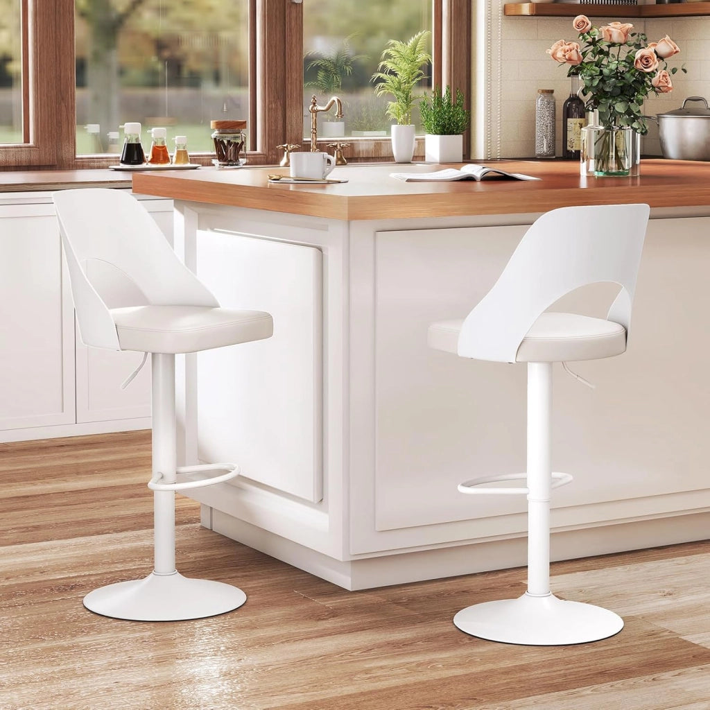 Set di 2 Sedie da Bar, Sedie Ergonomiche senza Braccioli ad Altezza Regolabile con Poggiapiedi, Base in Metallo, Anello di Gomma Antiscivolo, Schienale Avvolgente (Bianco)