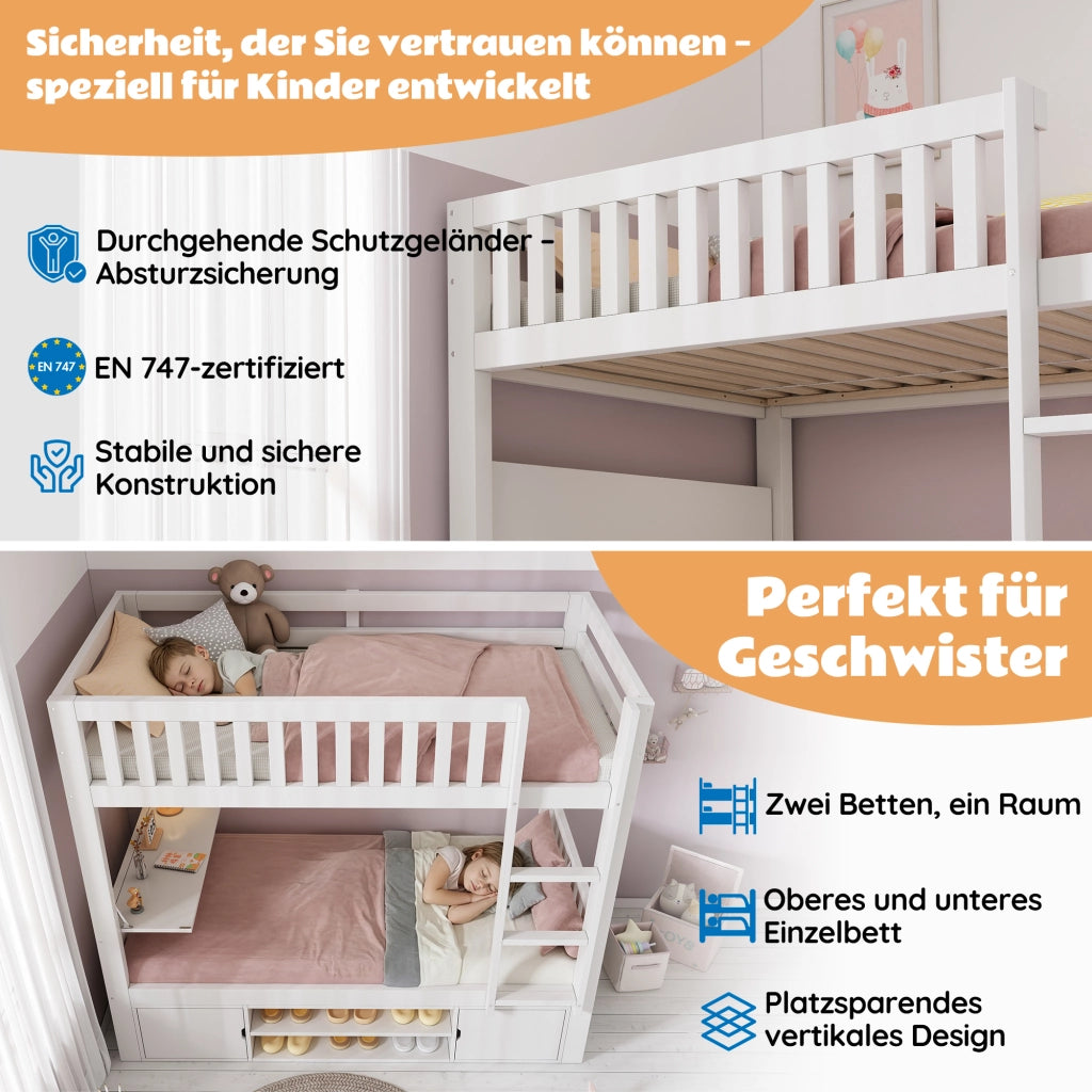Letto a castello per bambini 90 × 200 cm con tavolo pieghevole, scarpiera e armadi, senza materasso