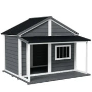 Cuccia per Cani da Esterno con Terrazza, Finestra e Tetto Impermeabile, 124x112x105cm, Grigio