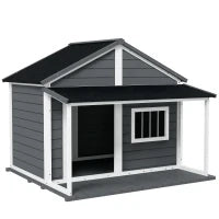Cuccia per Cani da Esterno con Terrazza, Finestra e Tetto Impermeabile, 124x112x105cm, Grigio