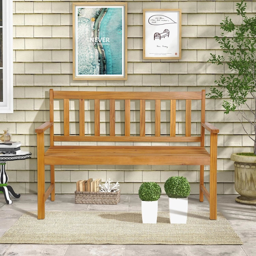 GIANTEX Panchina da giardino in legno di acacia a 2 posti, portata fino a 360 kg, ergonomica, con schienali e braccioli, 122 x 56,5 x 86 cm, colore legno naturale