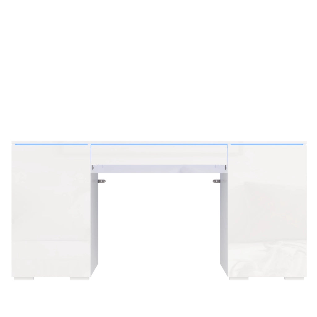 Scrivania moderna lucida 140 x 50 cm con LED, 1 cassetto, 2 ante e ampio spazio contenitivo, bianco