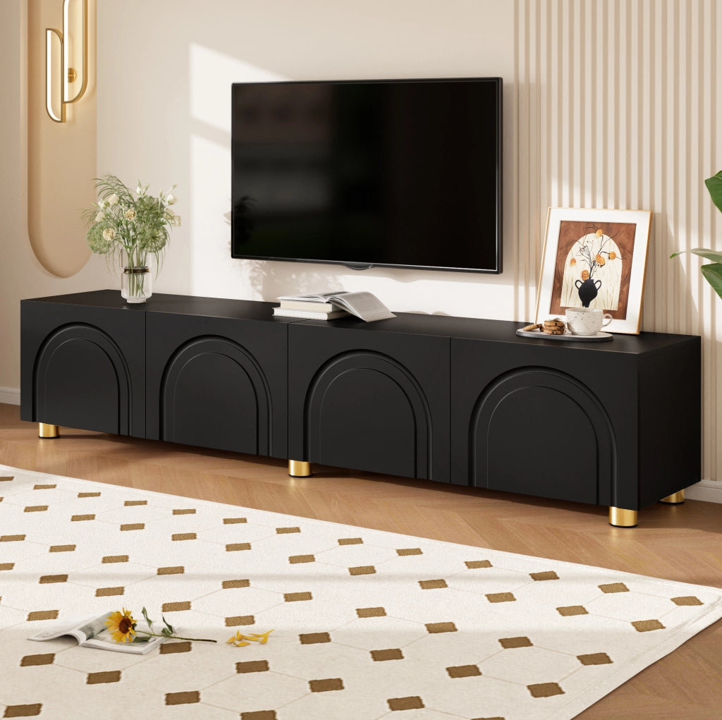 Mobile TV 180x35x40 cm con 4 porte; rilievo ad arco; in MDF e pannello truciolare; nero