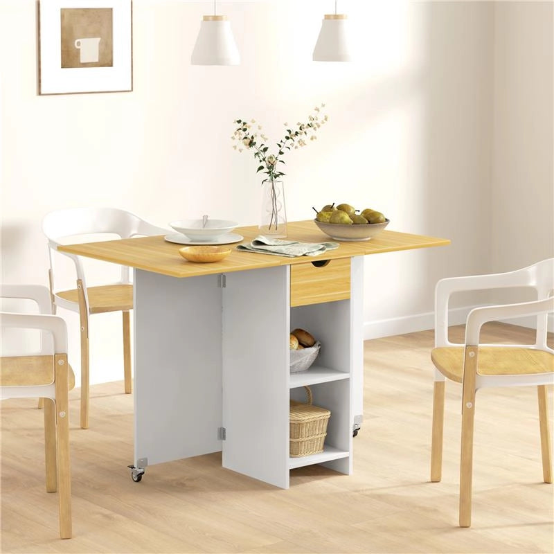 TAVOLO DA PRANZO PIEGHEVOLE PER 2-4 PERSONE CON 2 RIBALTE, CASSETTO E RIPIANI, QUERCIA