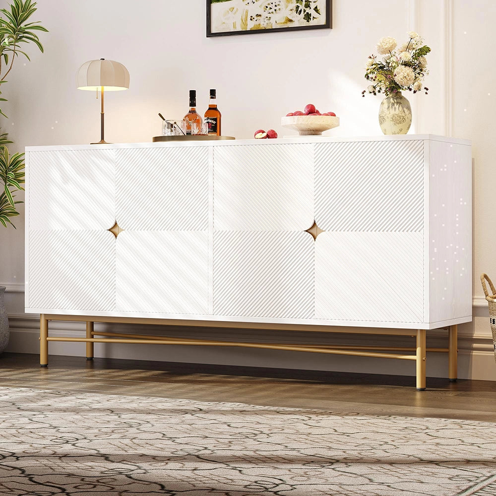 Credenza 160cm Texturizzata - Xylo - 4 Ante con Maniglie Oro, Colore Bianco