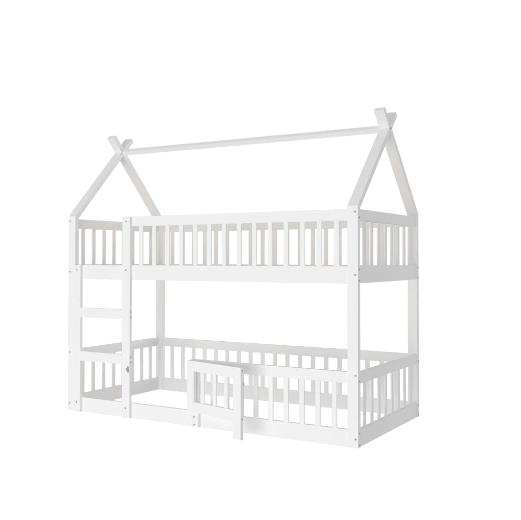 Letto a castello per bambini con scala integrata; porta e protezioni; 90×200 cm; bianco