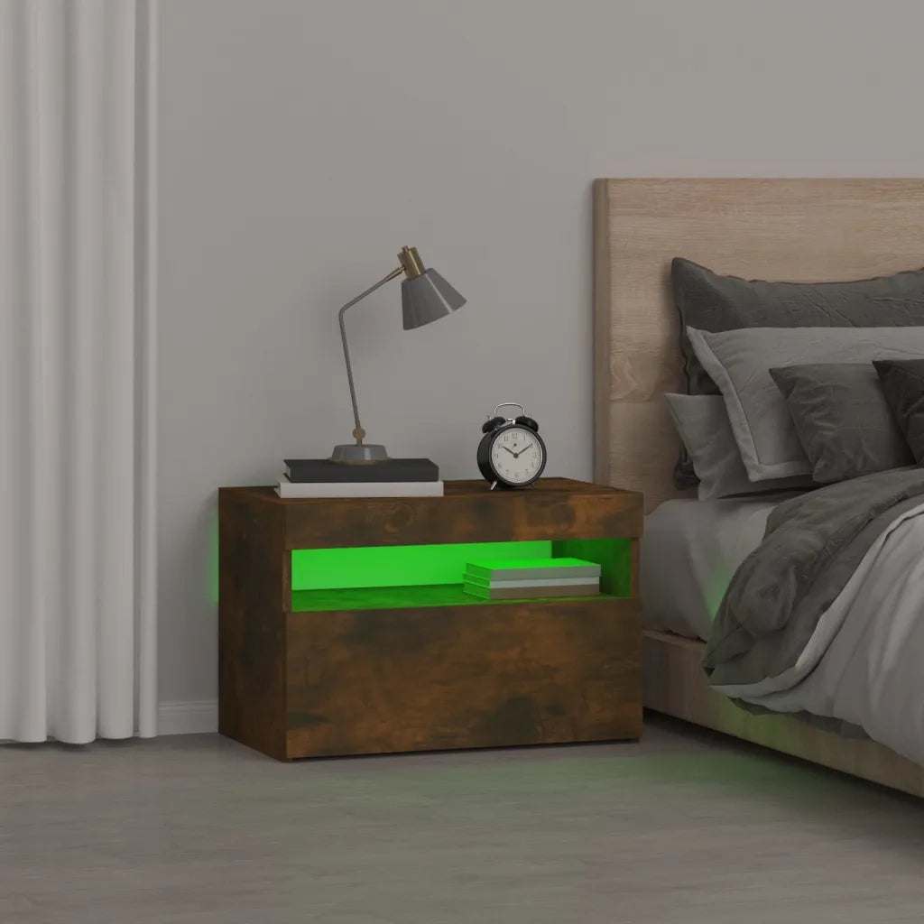 Comodino con Luci LED-Tavolino da notte Rovere Fumo 60x35x40 cm