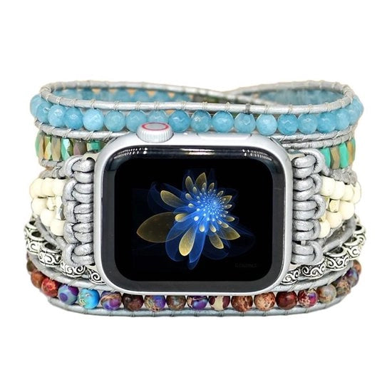 Cinturino per orologio Handicraft Boho - Pietra naturale/Fibra - Compatibile con Apple Watch 38mm/40mm/41mm/42mm/44mm/45mm - Adatto per polsiere 6,3-7,2 pollici - Disegno intrecciato - Cinturino per bracciale