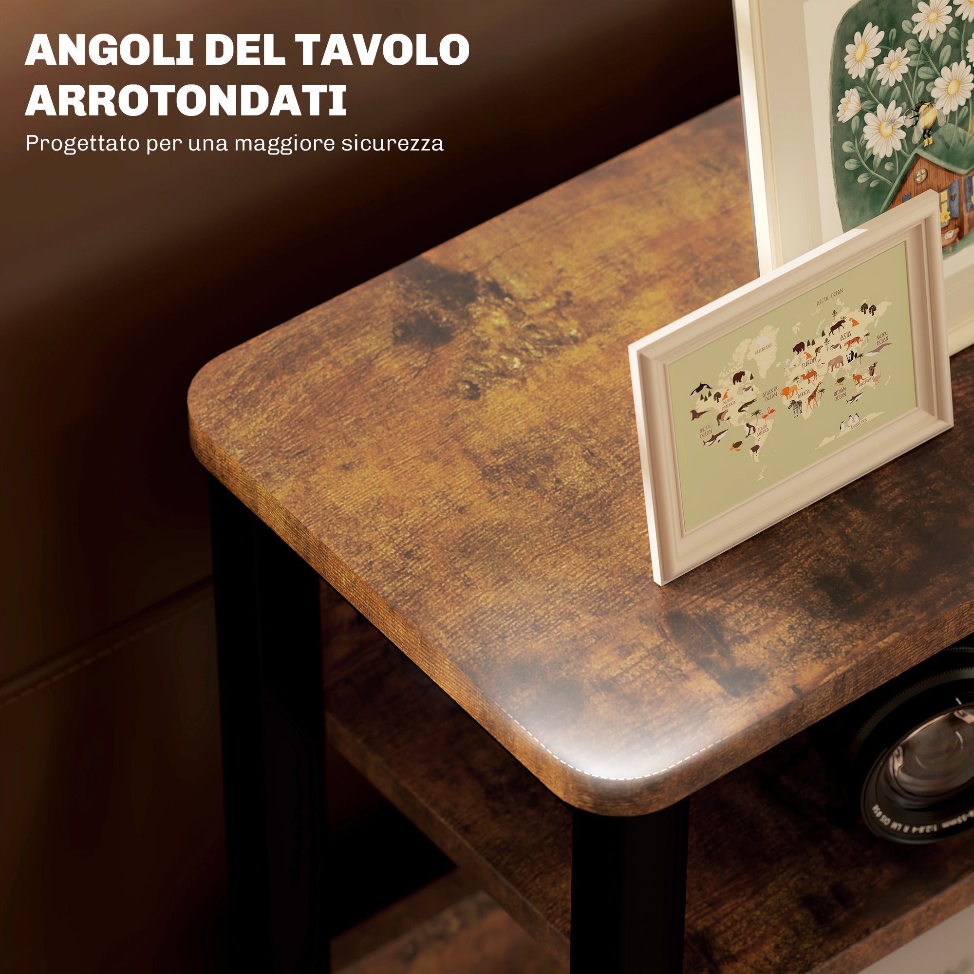 Tavolino da Soggiorno Laterale 46x18x58,5 cm in Stile Industriale 2 Ripiani in Legno e Metallo Marrone