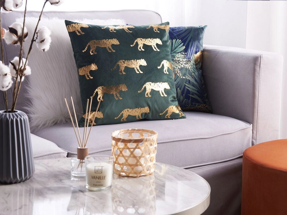 Set di 2 cuscini Decorativi Velluto Verde stampa Animale 45 x 45 cm Motivo Tigre Moderno Glamour Decor Accessori
