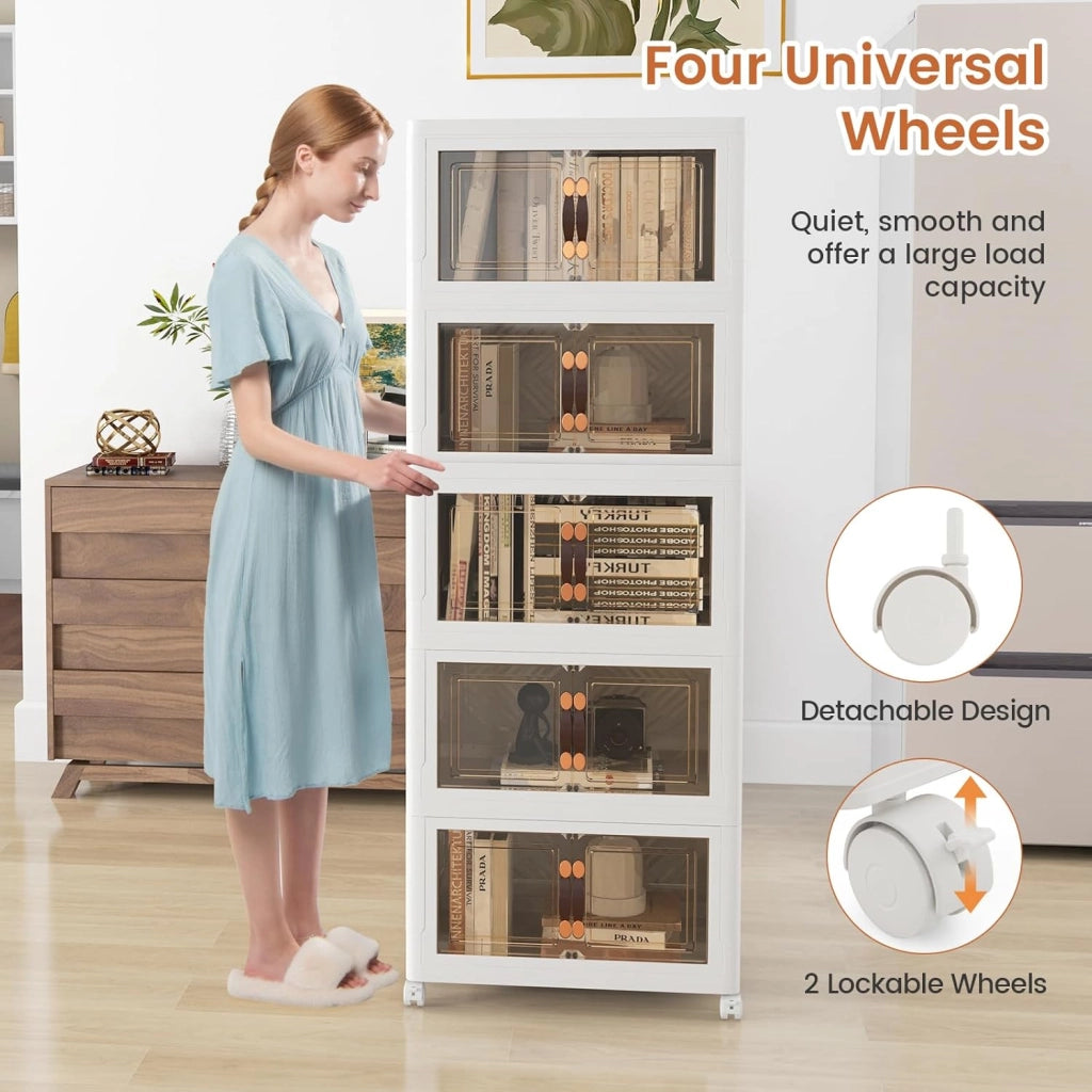 Scatole portaoggetti pieghevoli, cassettiera in plastica con 4 ruote, scatole impilabili con porte, ogni piano supporta 5 kg, organizzatore per soggiorno, camera da letto, sala da pranzo