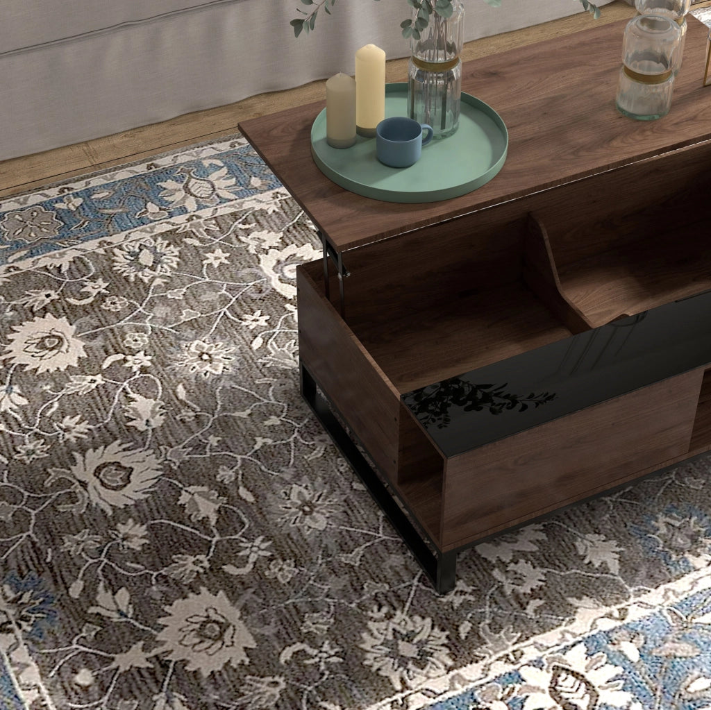 Tavolino da caffè elevabile 102x58x35.5 cm con vano contenitore in compensato noce