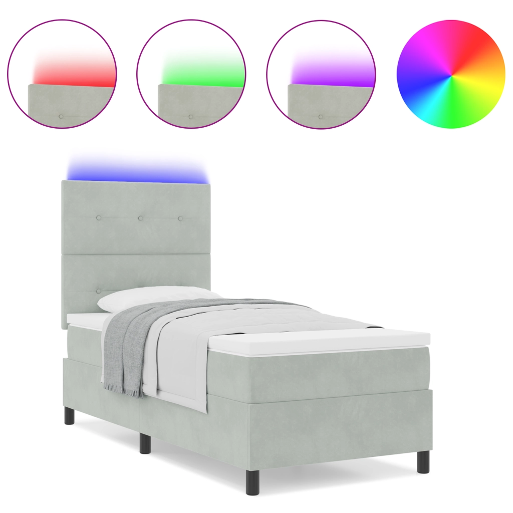 Letto Box Spring con Materasso e Luce LED Grigio Chiaro 90x190 cm Velluto