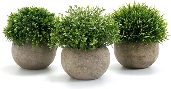 Pianta di plastica miniatura 3 pezzi con vaso grigio, 9,5 x 13 cm, per interni e esterni, decorativa, ideale per soggiorno, balcone, camera da letto, ufficio, regalo di nozze, nuovo appartamento.