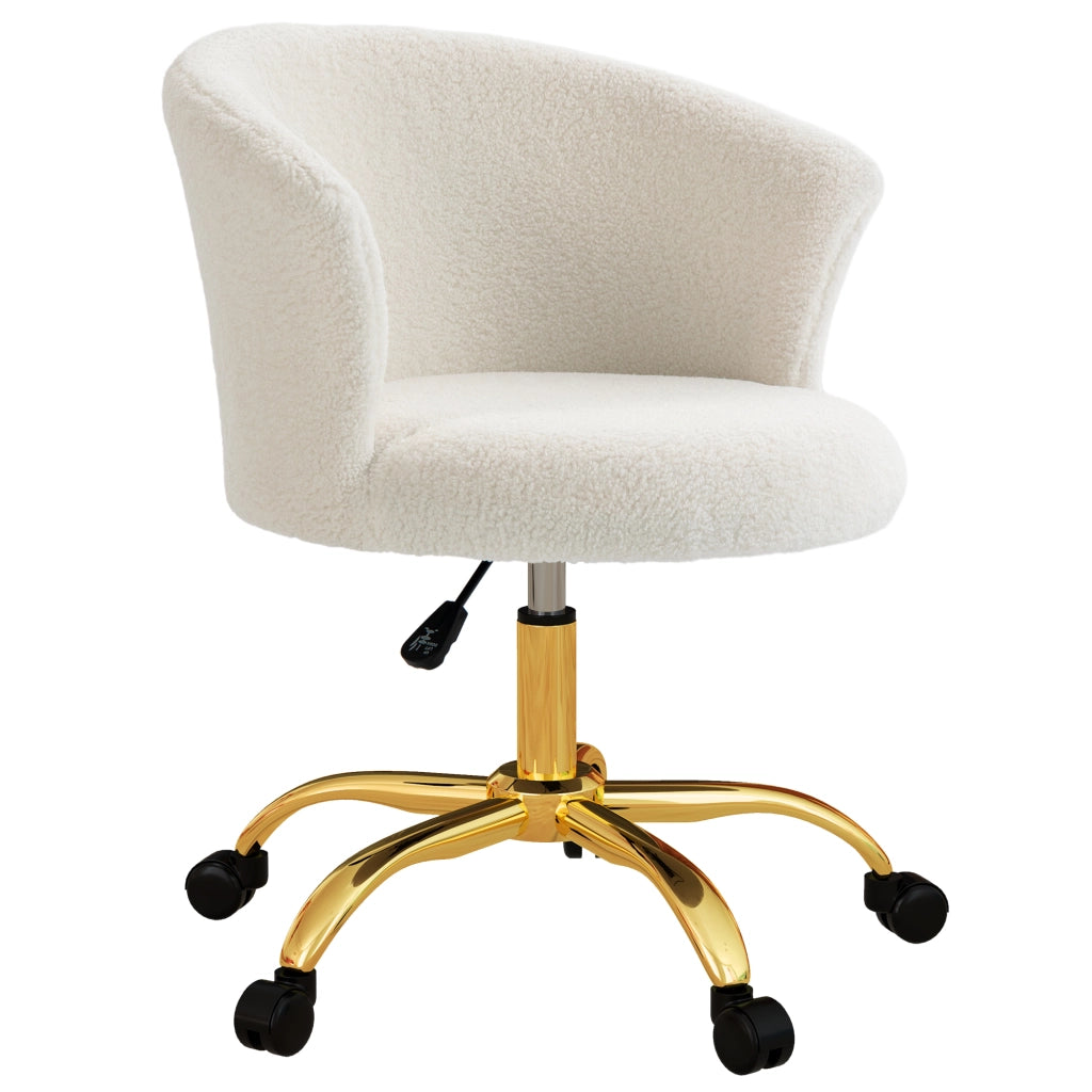 Sedia da Ufficio Regolabile in Altezza con Seduta Girevole e Rivestimento in Velluto Teddy. Bianco e Oro