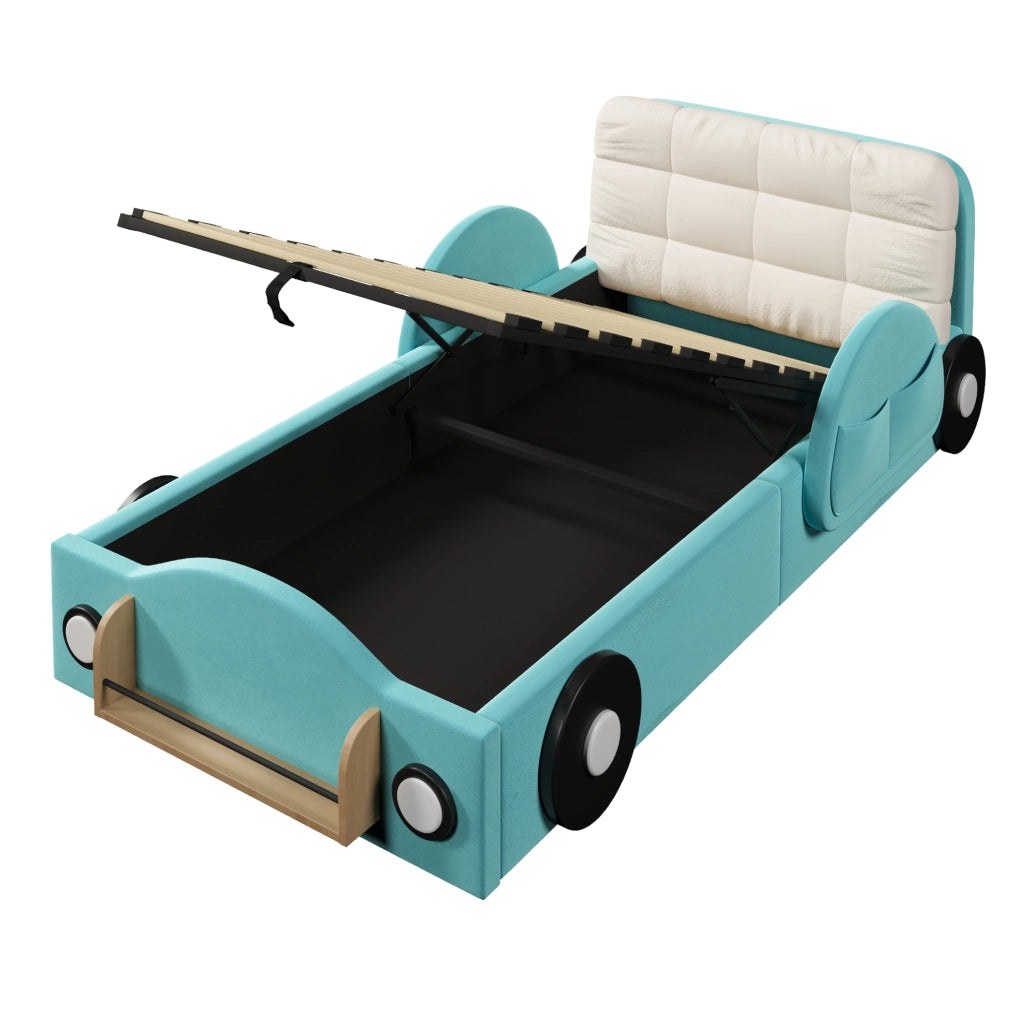 Letto imbottito ULEVR 90x200 cm con contenitore idraulico, tasche laterali e mensola per libri, blu