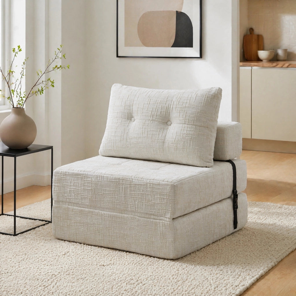 Divano letto pieghevole con schienale, cuscini per testa e zona lombare, in Ciniglia Beige