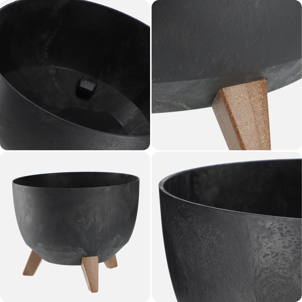 Vaso da fiori KADAX 40 cm con coperchio e piedini in sughero, colore nero.