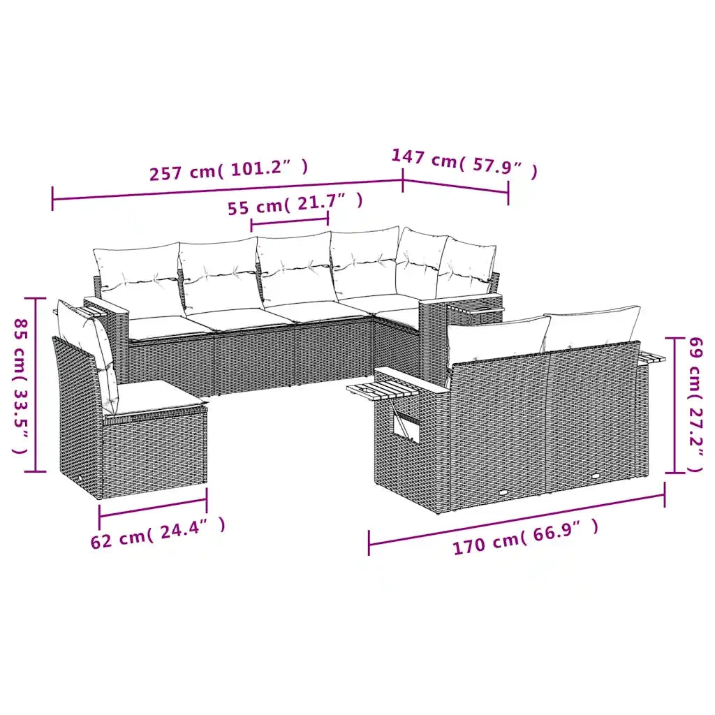Set Divani da Giardino 8 pz con Cuscini Grigio in Polyrattan 3227006