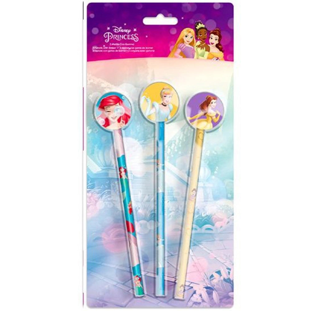 Trade Shop - Set 3 Pz Matite Con Gomma Tema Principesse Accessori Per Disegno Scuola Bambine 955517 -