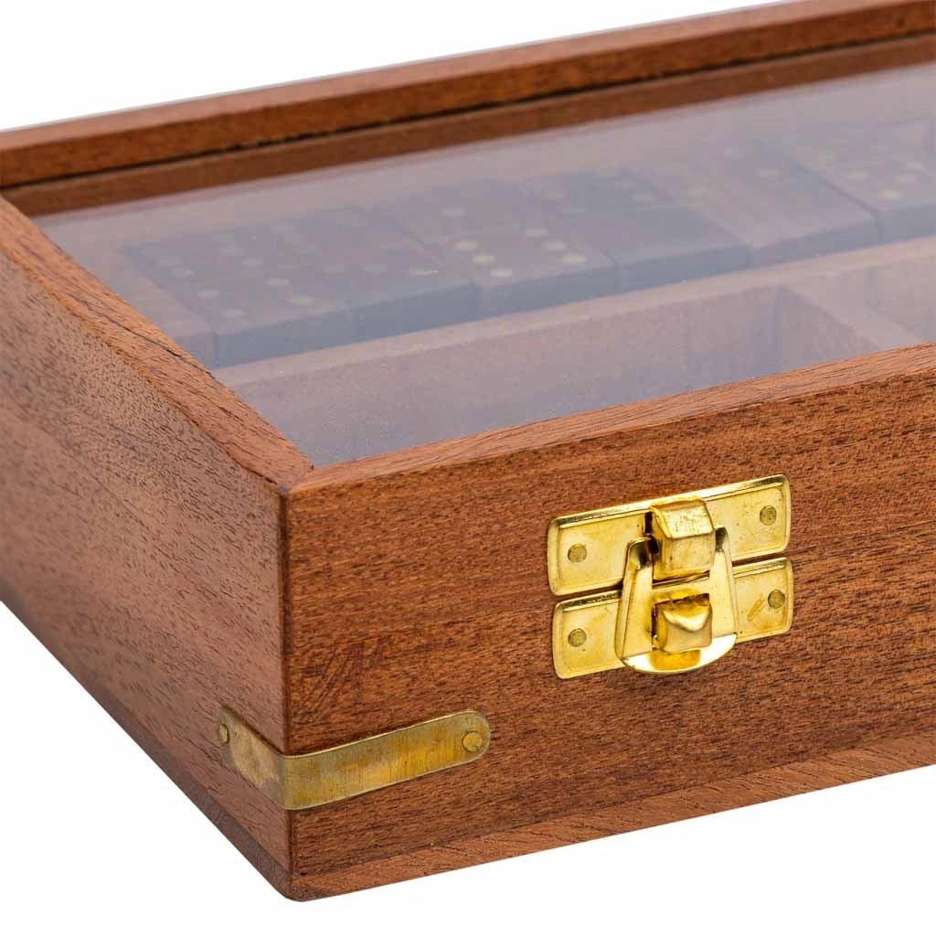 Gioco 3/1 (dadi+domino+carte) in una scatola, legno marrone 15,5x13x5