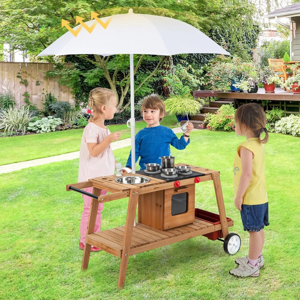 Cucina Giocattolo per Bambini, Cucina da Esterno in Legno con Ombrellone Antisolare e Ruote, Carretto con Stufa, Forno a Legna Simulato, Lavello e Utensili da Cucina, 3 Anni+ (Bianco)