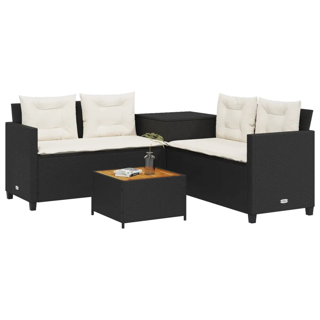 Divano da Giardino con Tavolo e Cuscini a L-Sofa da Giardino-Divano da esterno Nero in Polyrattan 305482