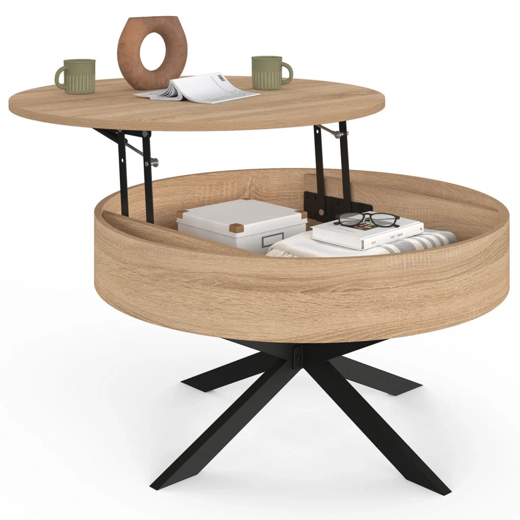 IDMarket - Tavolino rotondo sollevabile ALIX 70 cm con gambe in legno e ragno nero