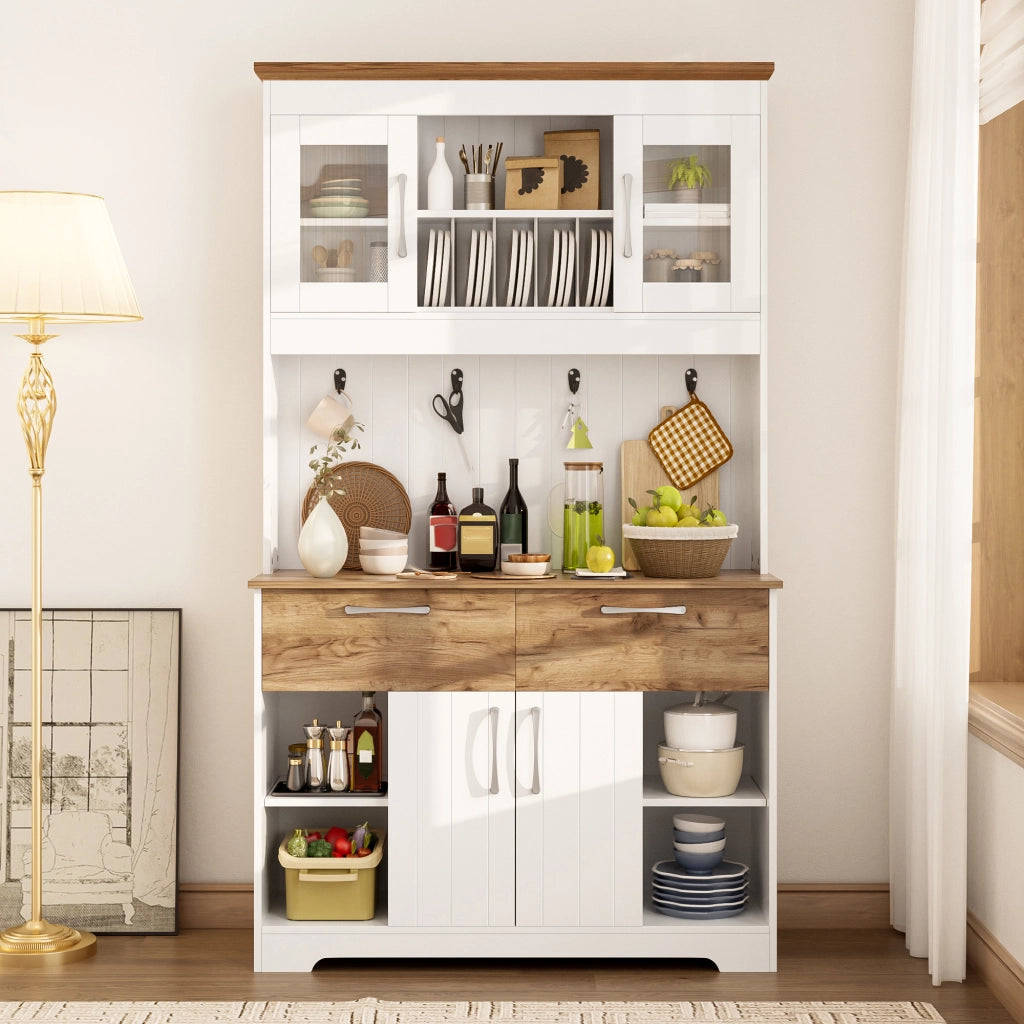 Credenza cucina con vetrina, 2 cassetti e ganci, bianco e naturale, 106x39x176,5 cm