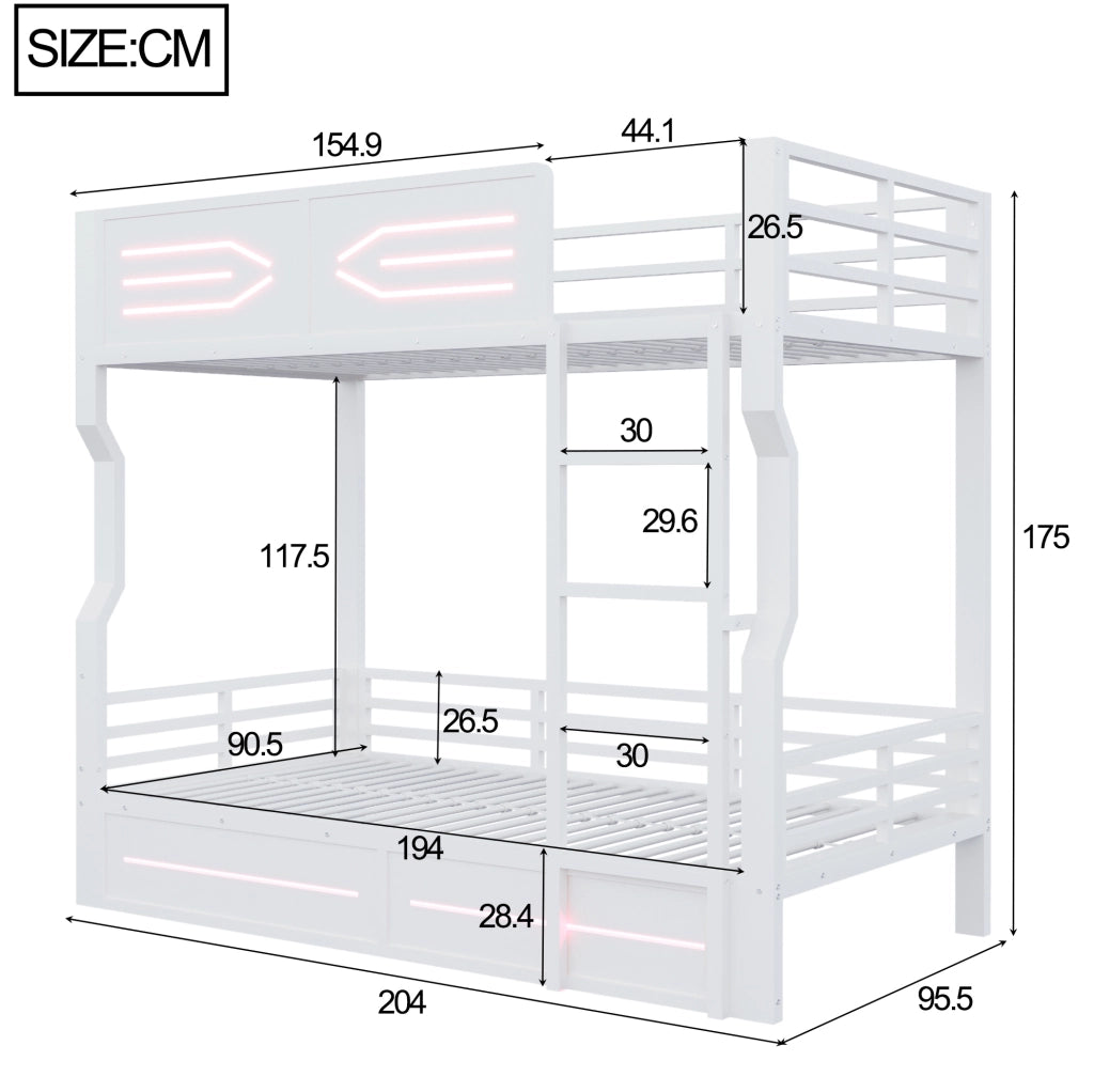 Letto a castello con scala dritta e LED 90x200 cm in MDF e metallo; bianco