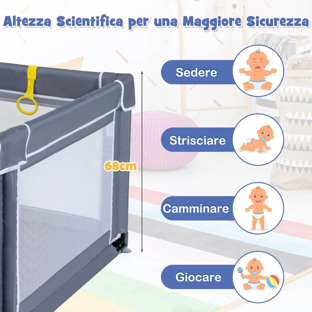 Box Recinto per Bambini, Centro Attività Portatile con Cancelli di Sicurezza, Reti Traspiranti, Ventose Antiscivolo e 4 Anelli per Bambini, con 50 Palline, 206 x 185,5 x 68 cm (Grigio Scuro)