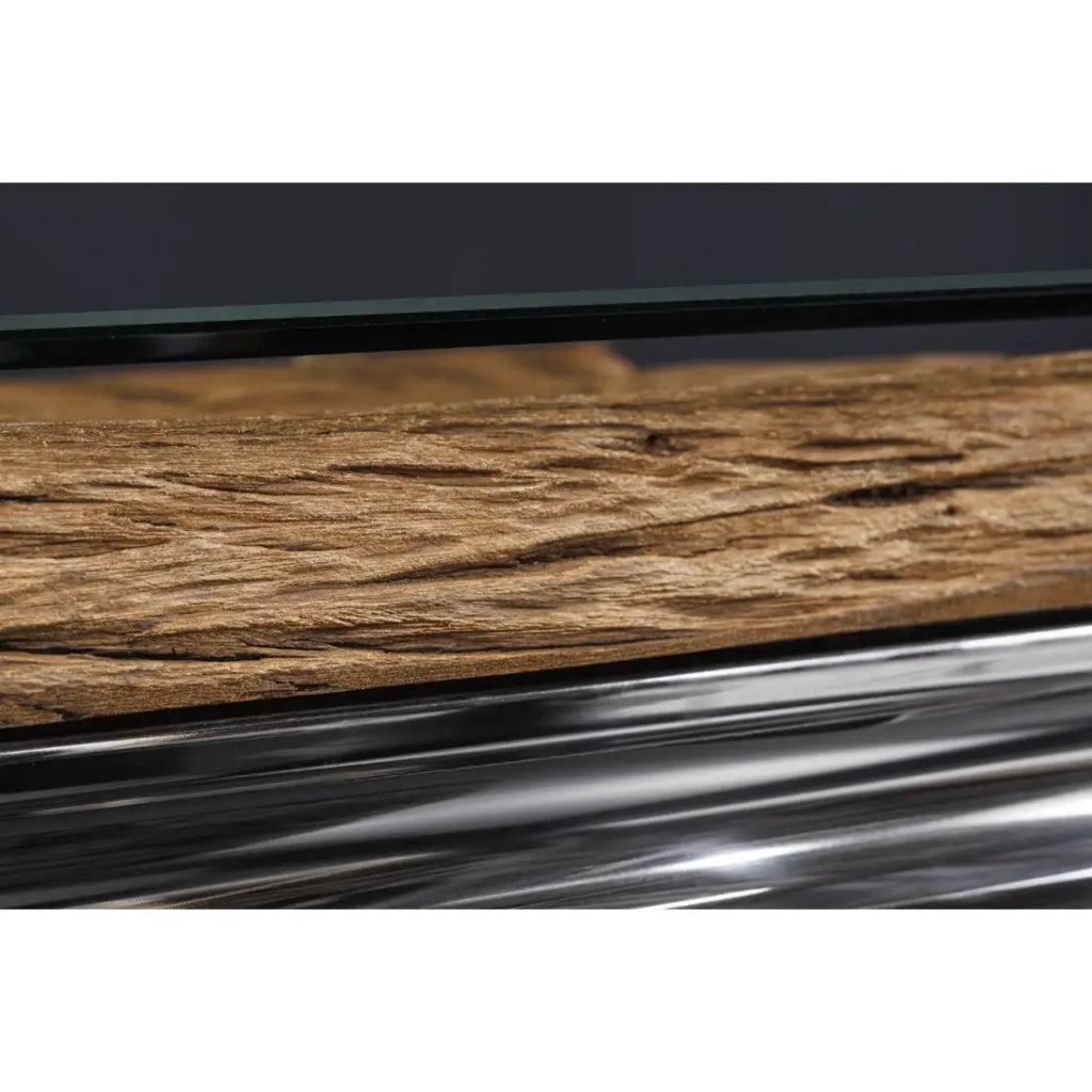 Tavolino basso VELENA 100 cm in teak con vetro temperato – Piedi cromati design barocco