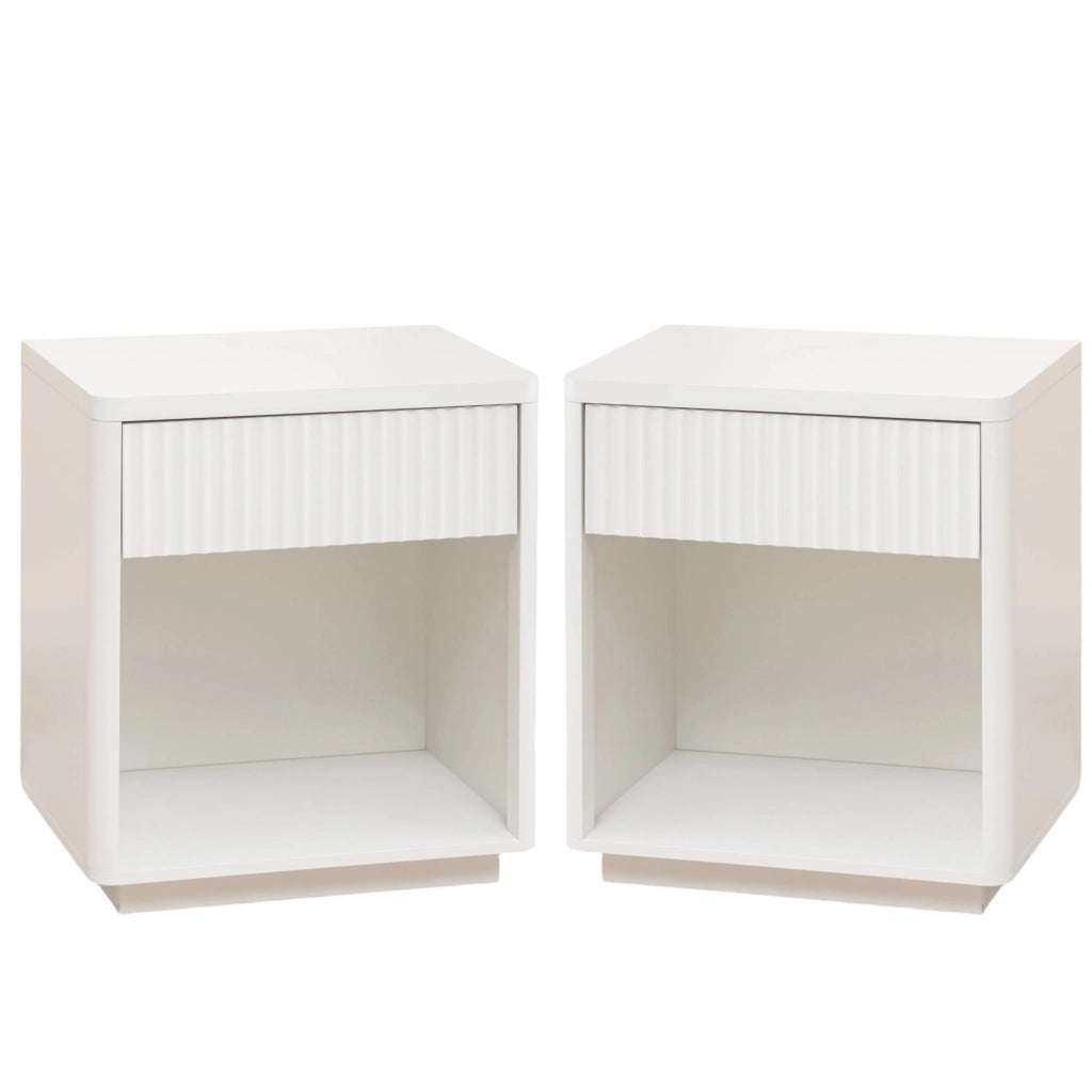 Comodino bianco in MDF con cassetto e ripiano aperto