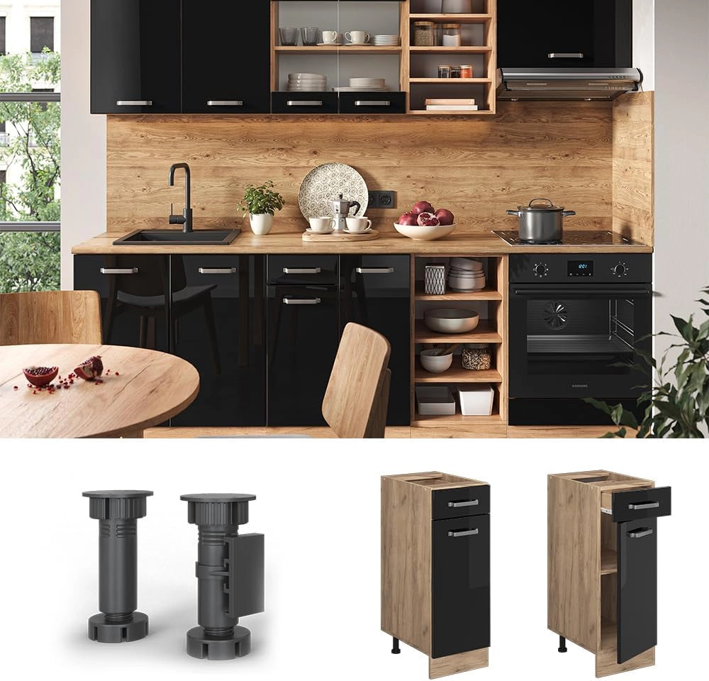 Mobiletto base per cucina R-Line, Nero lucido, 30 cm senza piano di lavoro, per la libera combinazione all'interno di sistemi cucina modulari