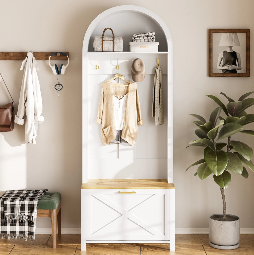 Appendiabiti da ingresso multifunzione con scarpiera; ripiano e ganci; 195 x 75 x 35 cm; MDF bianco e legno
