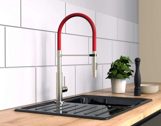 Disegno per lavandino con attacco Soft Touch intercambiabile, maniglia a 360 gradi rotativa per cucina, cucina con miscelatore a un solo giro, miscelatore in cromato/nero